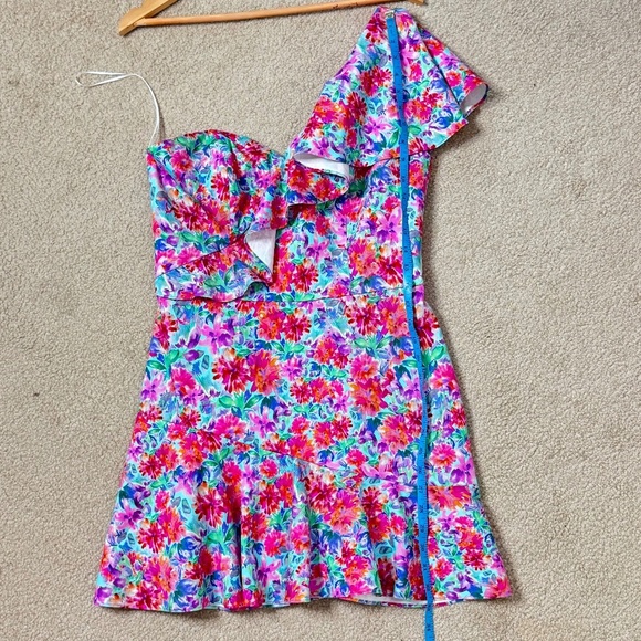 Amanda Uprichard Mini Dress One Shoulder Floral Watercolor Cotton Size Large - Picture 12 of 16